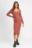 Emory Park ribbed midi dress for women in rose color featuring long sleeves and a flattering fit