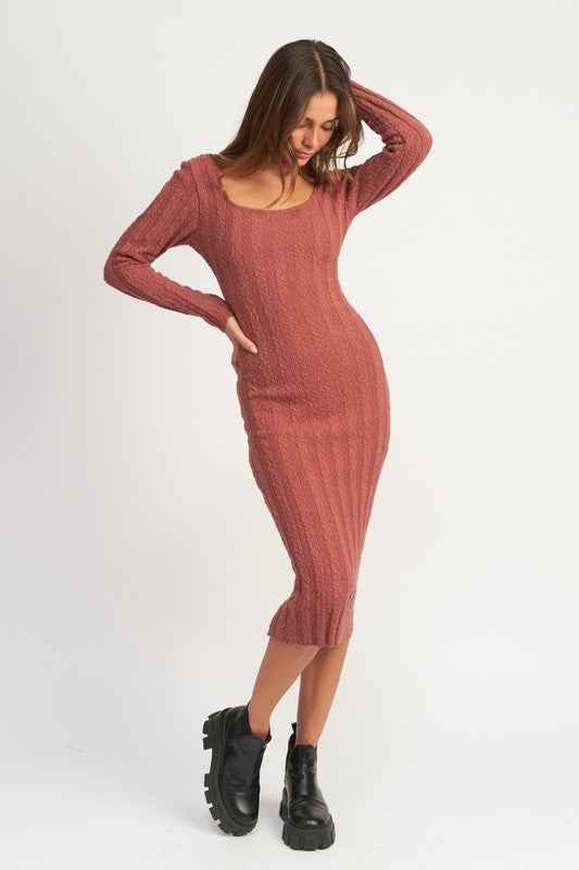 Emory Park Ribbed Midi Dress for Women in Rust Color with Long Sleeves and Fitted Design