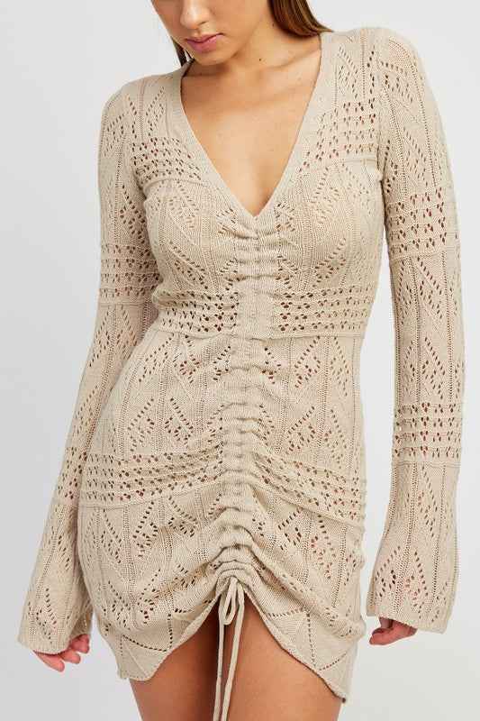 Emory Park ruched crochet mini dress in beige with long sleeves and a deep v-neck design