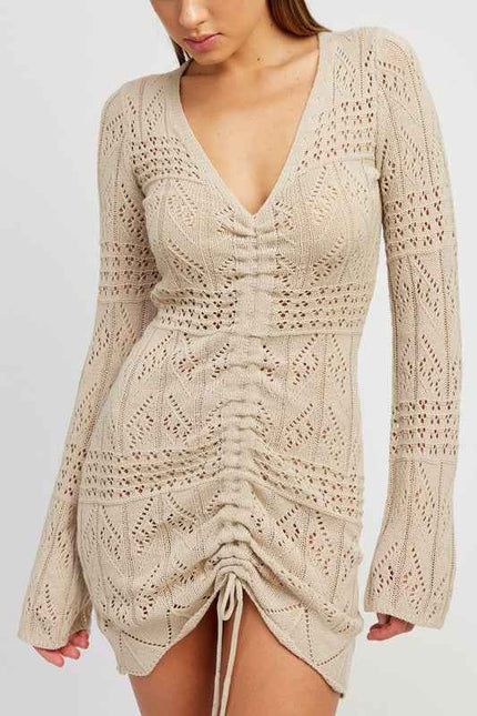 Emory Park ruched crochet mini dress in beige with long sleeves and a deep v-neck design