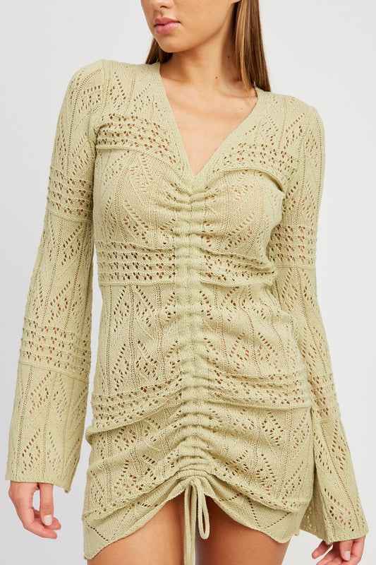 Emory Park ruched crochet mini dress in light green with long sleeves and stylish drawstring design