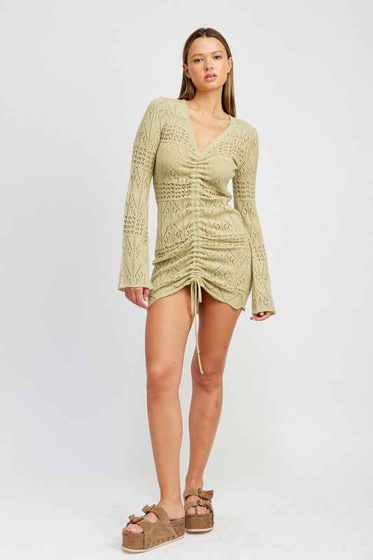 Emory Park ruched crochet mini dress in green with long sleeves and adjustable drawstring detail