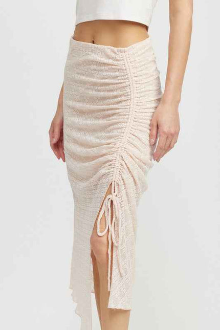 Emory Park ruched drawstring midi skirt in light pink with side slit for a chic look