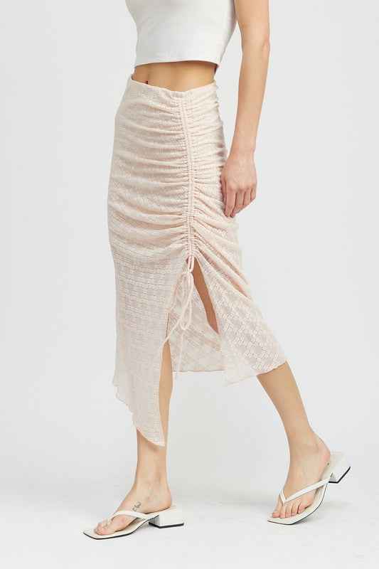 Emory Park ruched drawstring midi skirt in soft pink with side slit for a stylish look