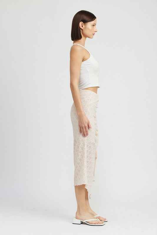 Emory Park ruched drawstring midi skirt in light color with a stylish side slit