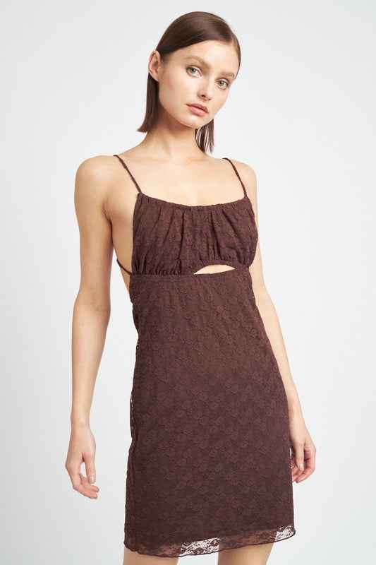 Emory Park ruched mini dress for women in brown featuring delicate lace and a stylish cutout design
