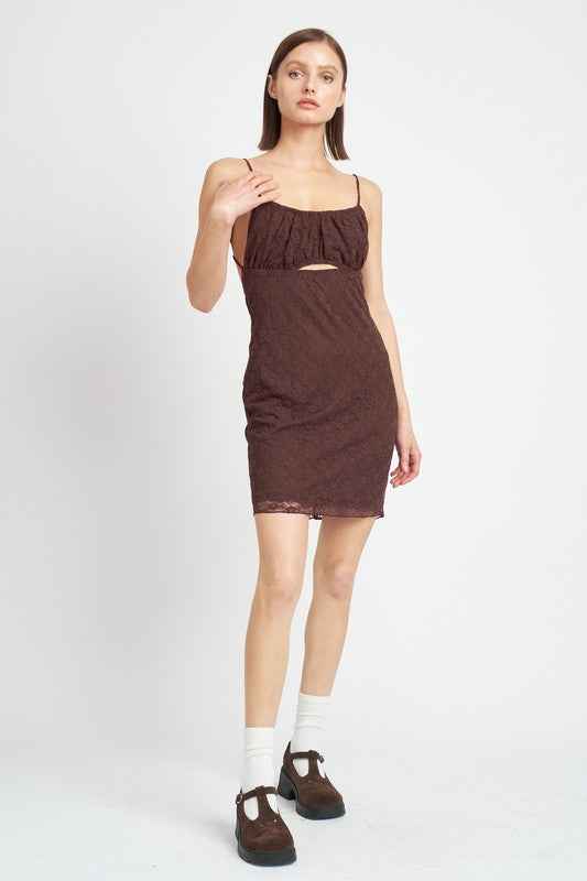 Emory Park Ruched Mini Dress for Women in Brown with Cut-Out Detail and Spaghetti Straps