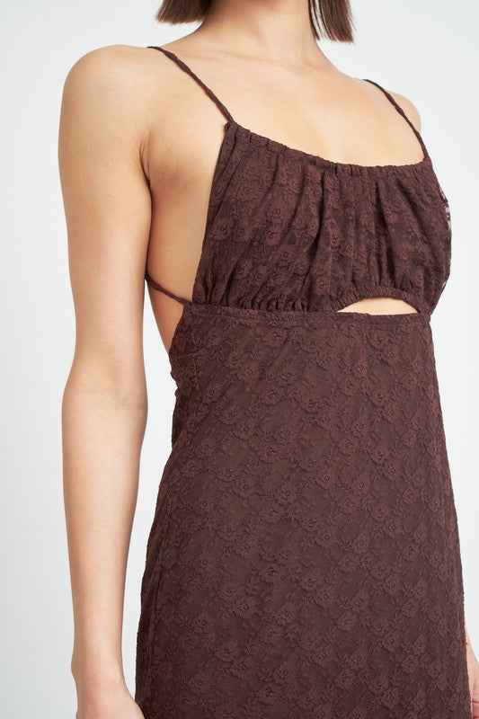 Emory Park ruched mini dress for women in brown featuring a trendy cutout and spaghetti straps