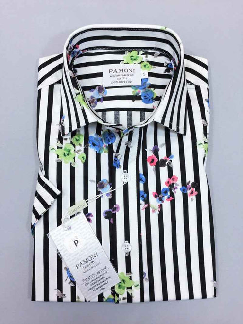 Black Stripe Floral Print Short Sleeves Shirt