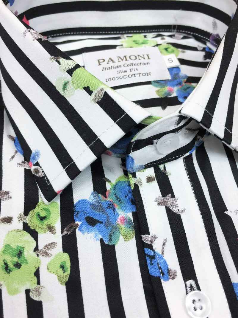 Black Stripe Floral Print Short Sleeves Shirt