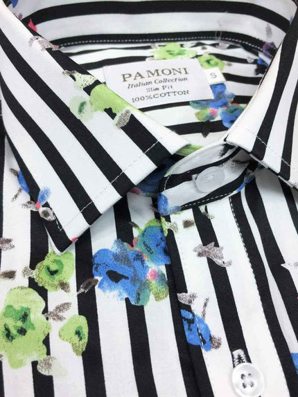 Black Stripe Floral Print Short Sleeves Shirt