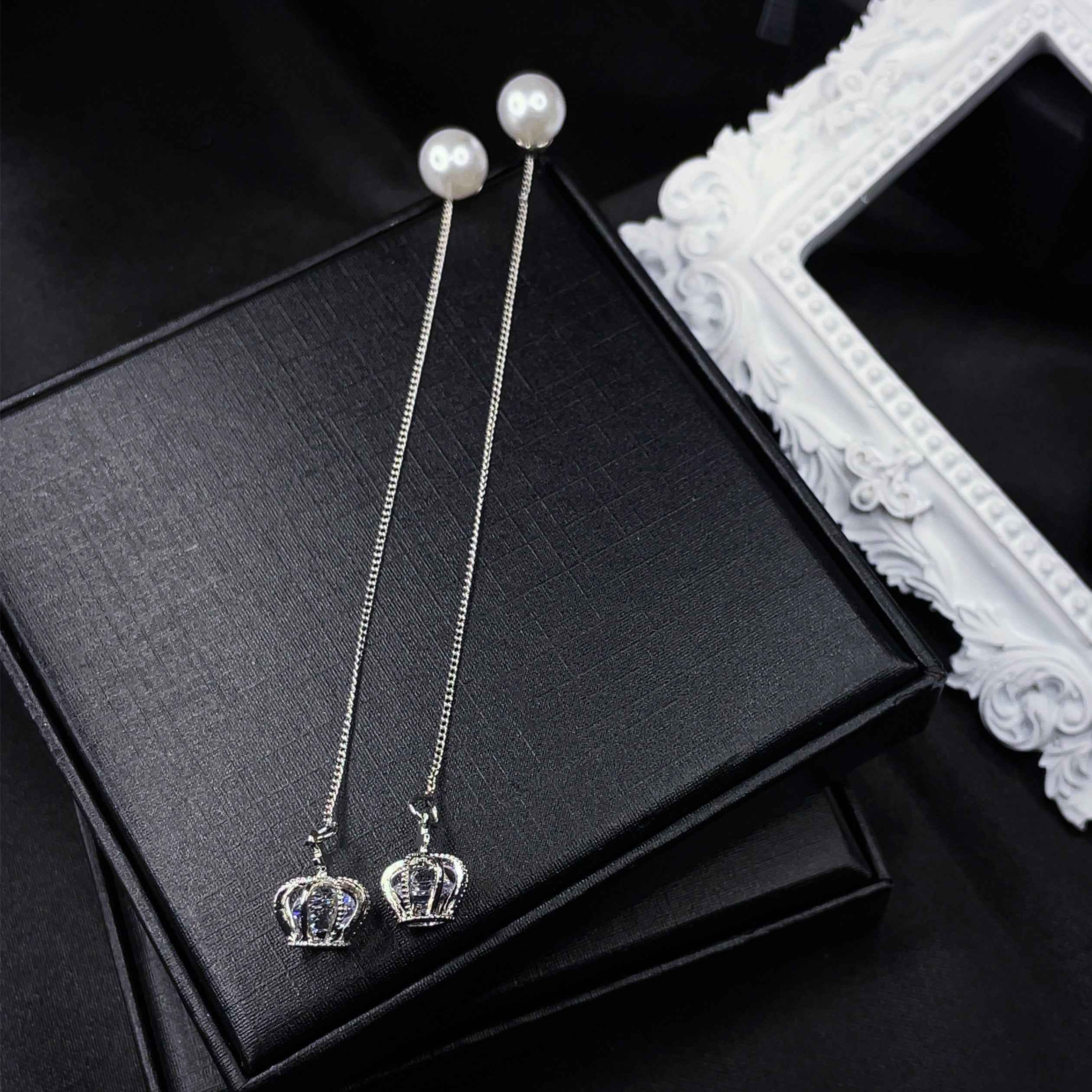 Crown Threader Earrings with Pearl Studs