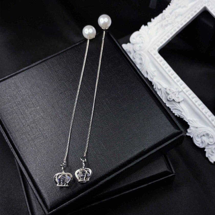 Crown Threader Earrings with Pearl Studs