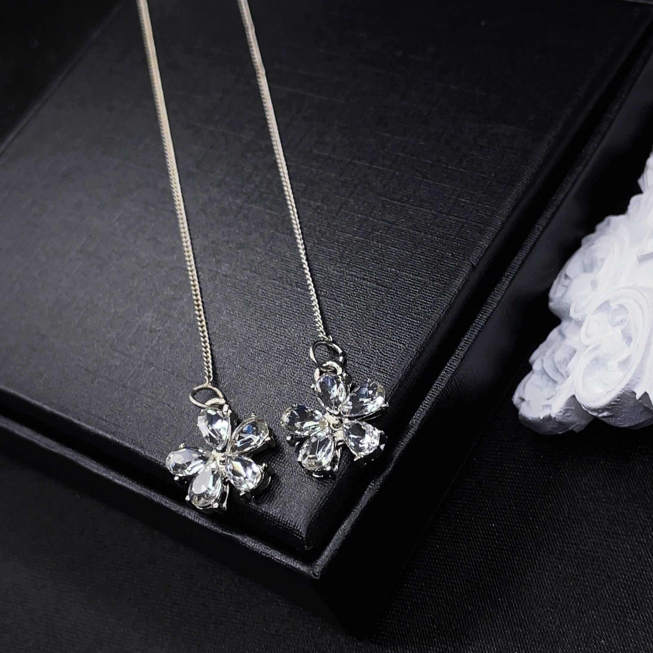 Crystal Flower Threader Earrings with Pearl Studs