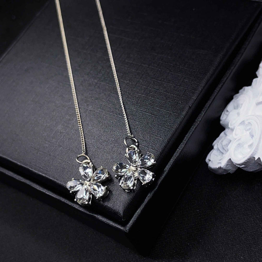 Crystal Flower Threader Earrings with Pearl Studs