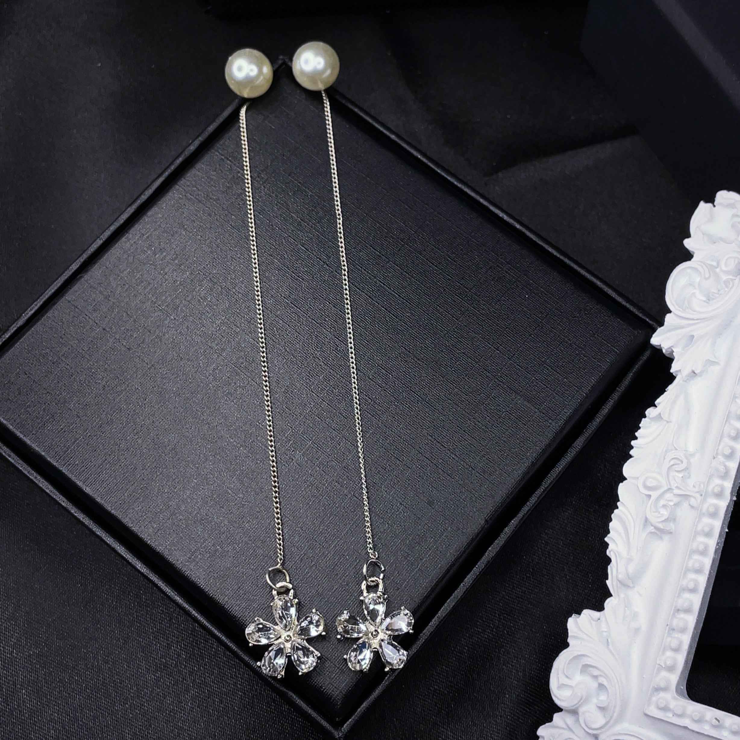 Crystal Flower Threader Earrings with Pearl Studs