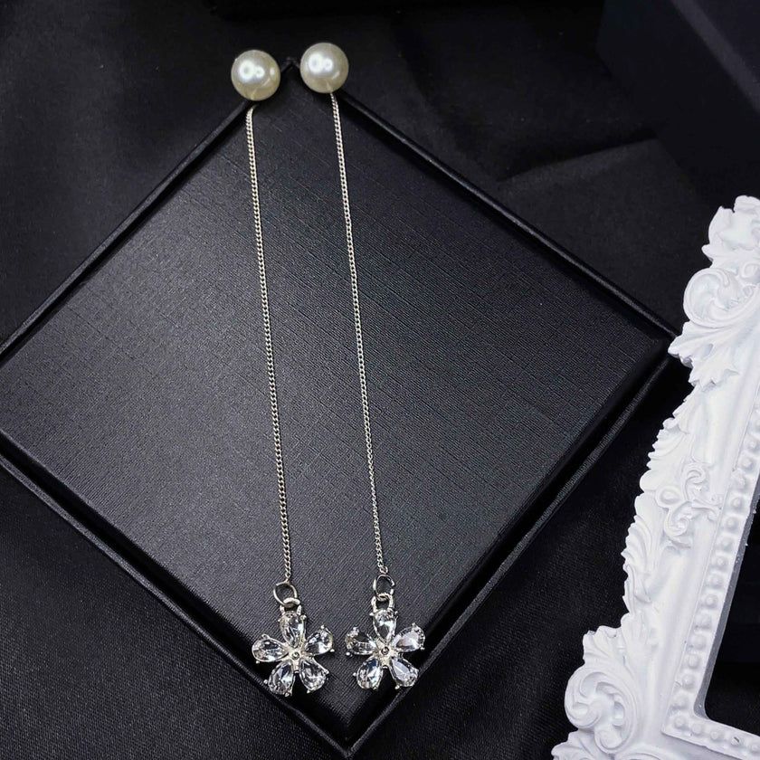 Crystal Flower Threader Earrings with Pearl Studs