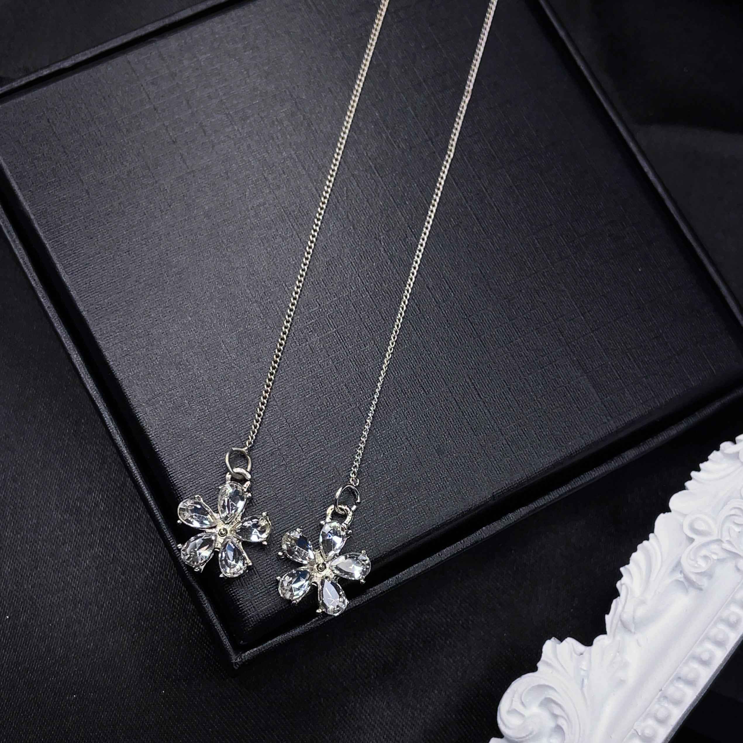 Crystal Flower Threader Earrings with Pearl Studs