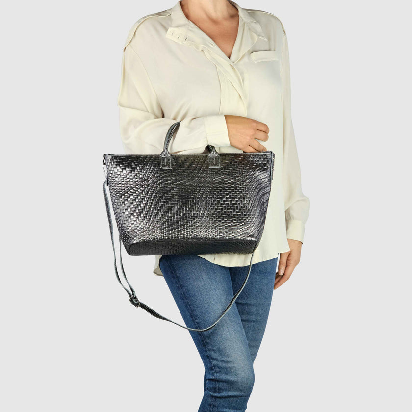 Grid Metallic Suede Leather Top-Handle Bag 112334