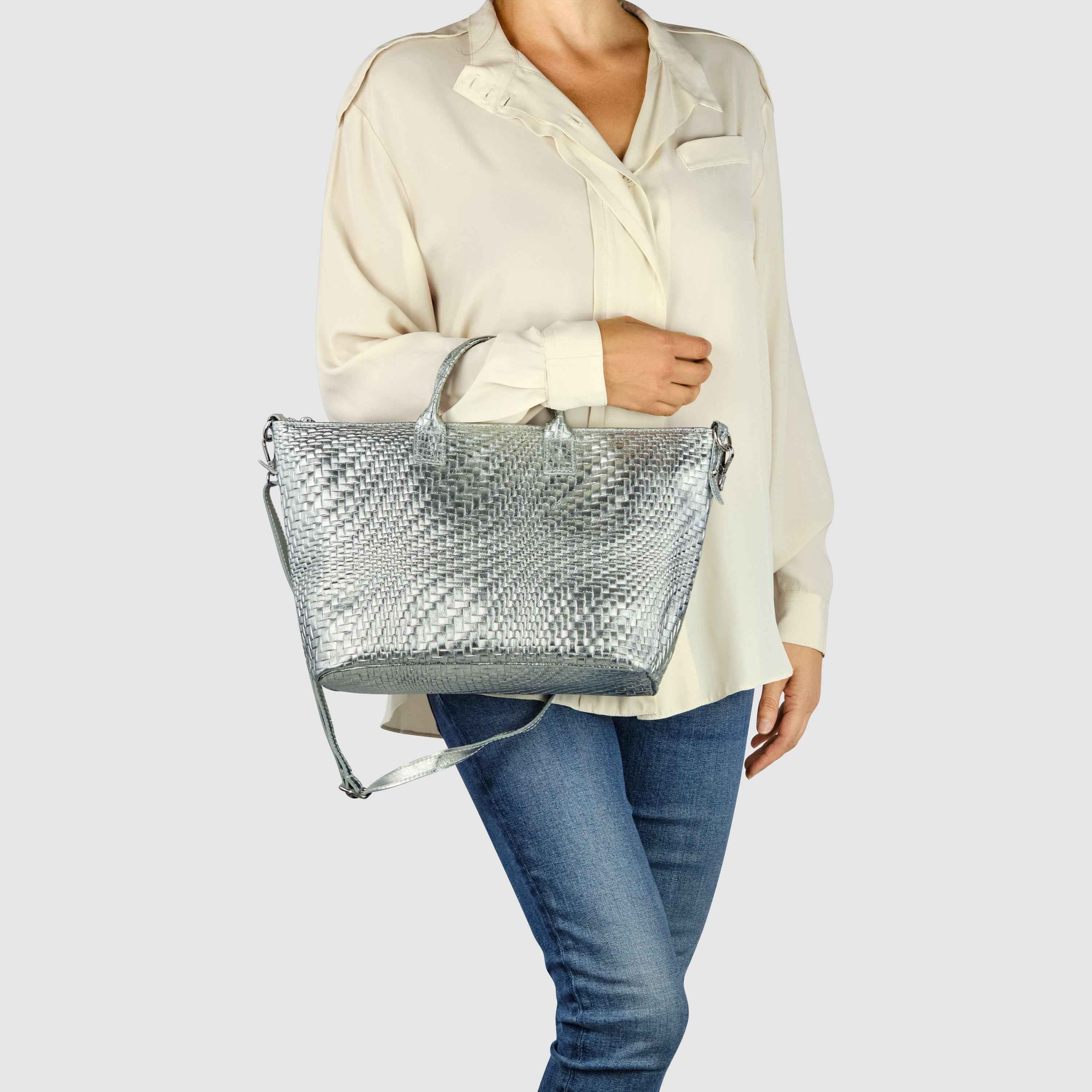Grid Metallic Suede Leather Top-Handle Bag 112334