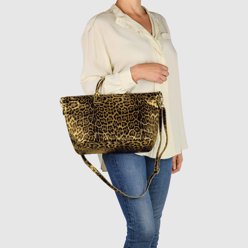 Leopard Metallic Suede Leather Top-Handle Bag 112334