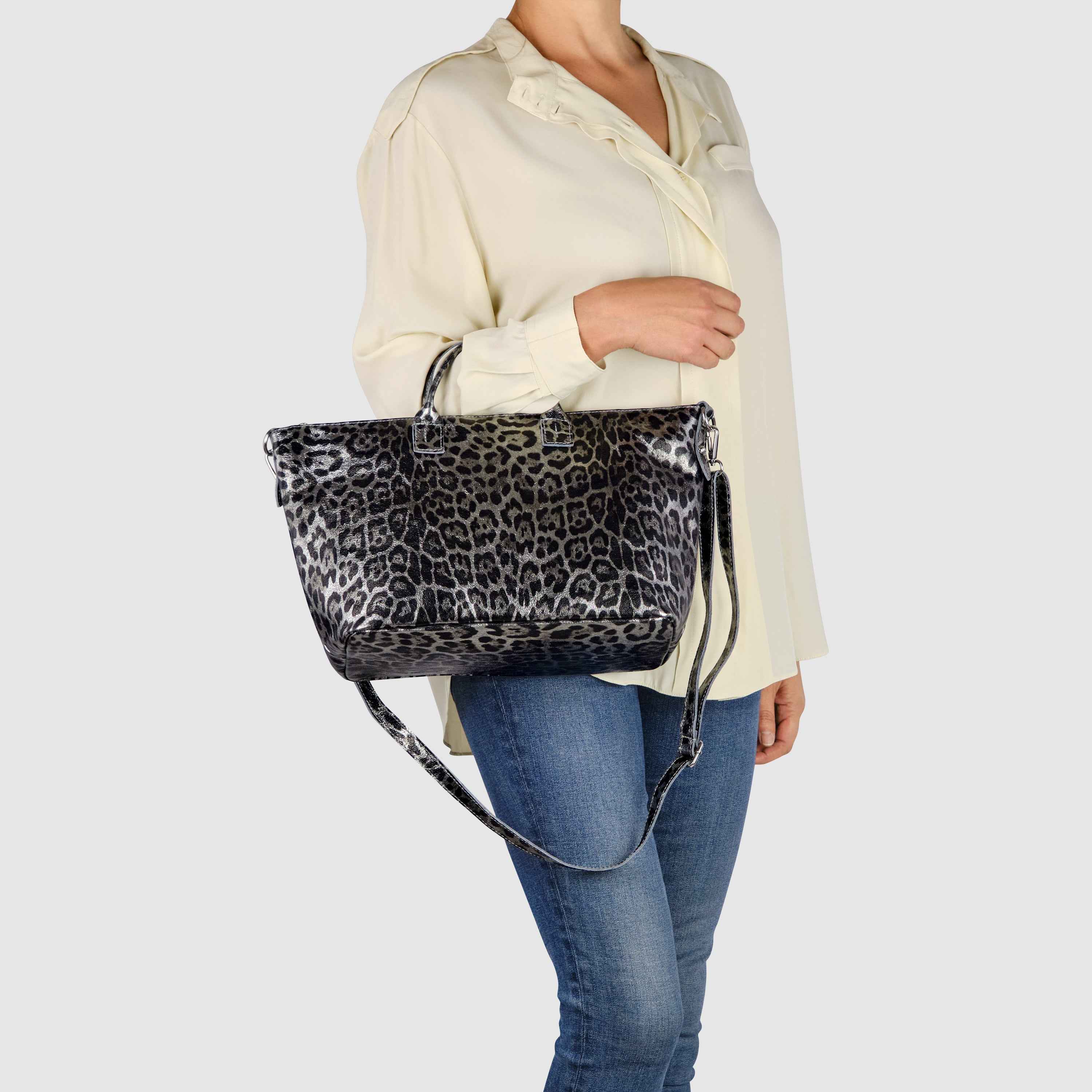 Leopard Metallic Suede Leather Top-Handle Bag 112334
