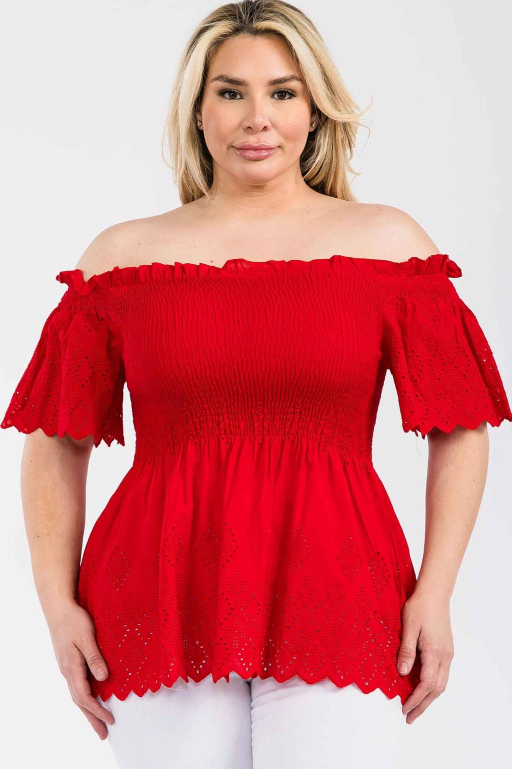 Off Shoulder Smocked Eyelet Top