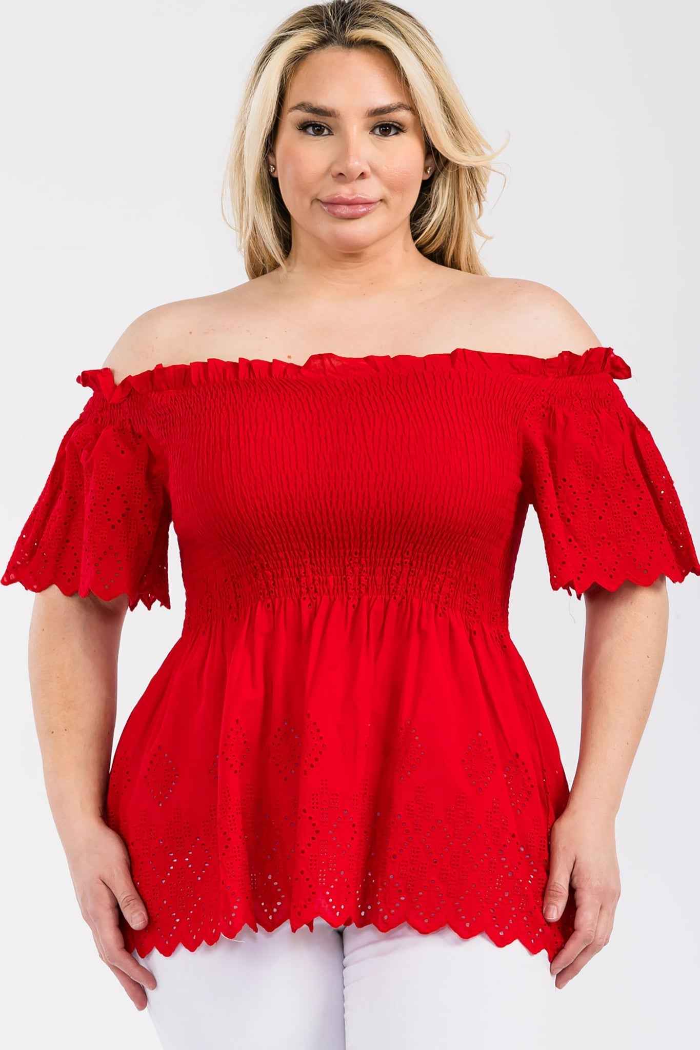 Off Shoulder Smocked Eyelet Top