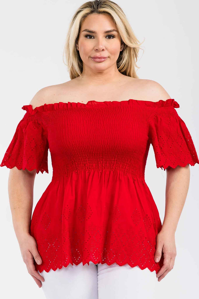 Off Shoulder Smocked Eyelet Top