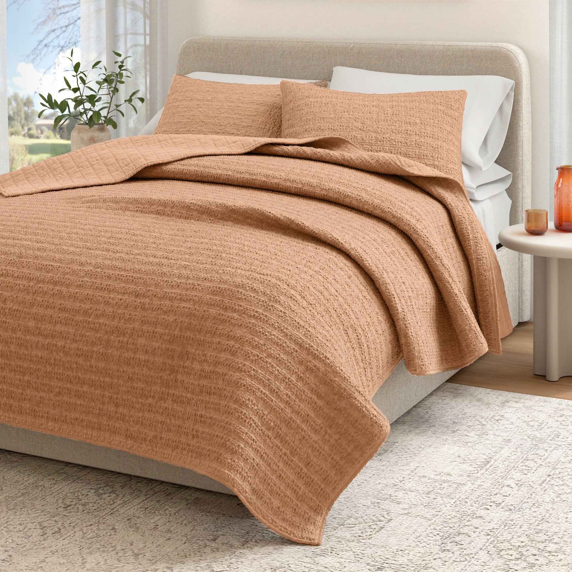 100% Cotton Honeycomb Waffle Garment Washed Quilt Set - Genevieve Collection