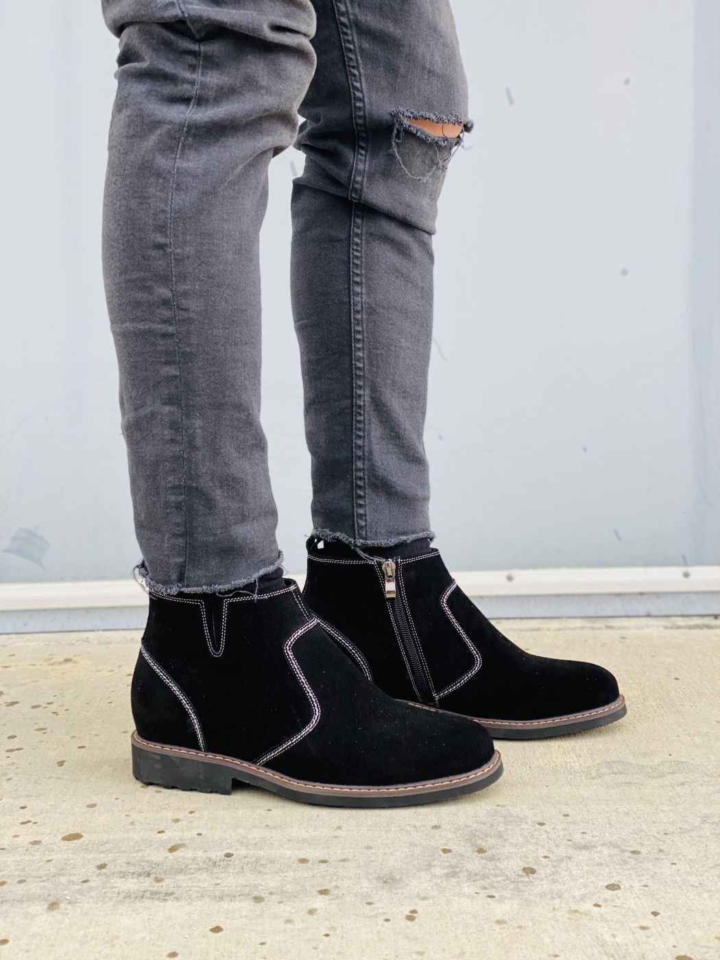 CALTO - Y41082 - 3.2 Inches Taller (Nubuck Black) - Zipper Boots
