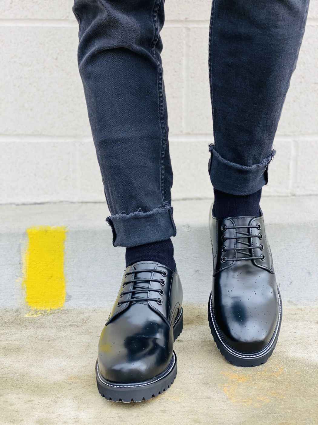 CALTO S9118 - 3" Taller Black Leather Elevator Work Shoes