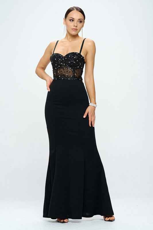 Beaded Bustier Mermaid Maxi Dress
