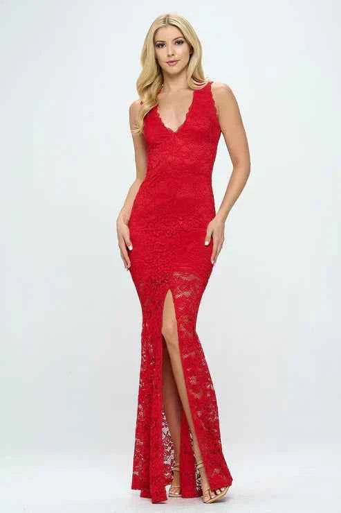 DEEP V NECK LACE MERMAID MAXI DRESS