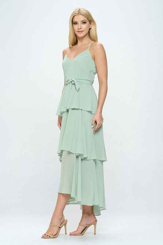 Belted Layered Hem Sleeveless Maxi Dress