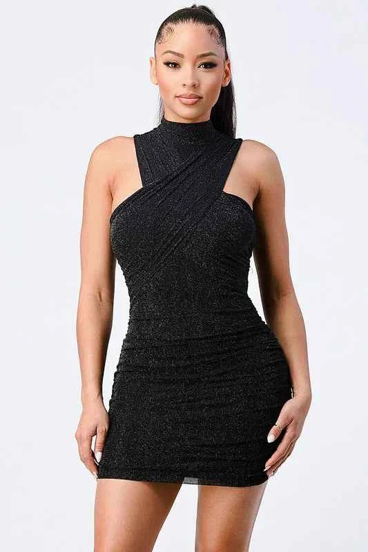 CROSS HALTER BODYCON MINI DRESS