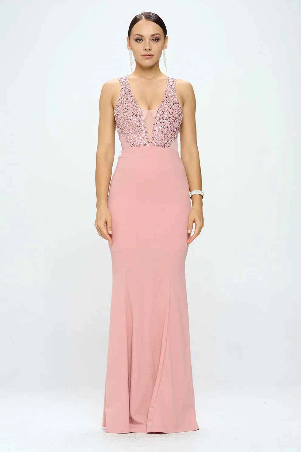 DEEP V NECK RHINESTONED FLOOR LENGTH MAXI DRESS