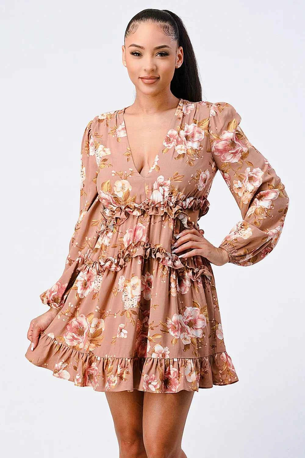 FLORAL CHIFFON V-NECK MINI DRESS