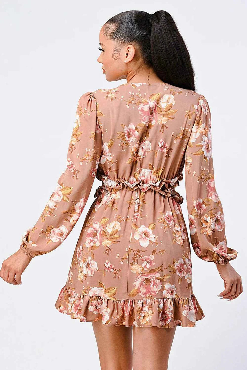 FLORAL CHIFFON V-NECK MINI DRESS