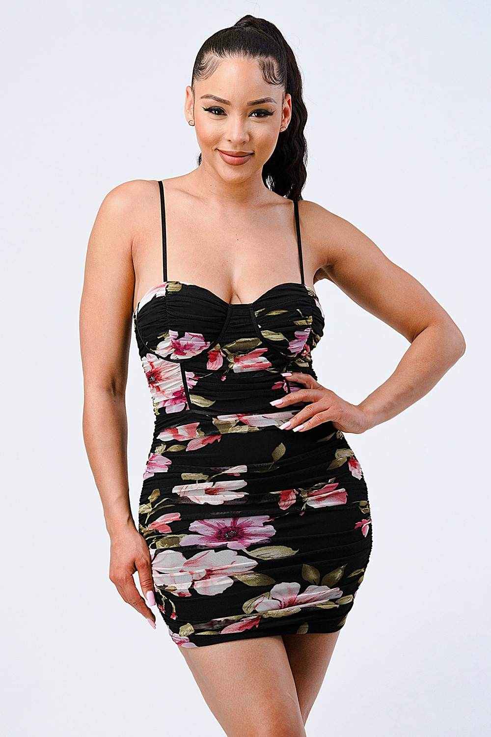 FLORAL MESH RUCHED BODYCON MINI DRESS