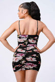 FLORAL MESH RUCHED BODYCON MINI DRESS