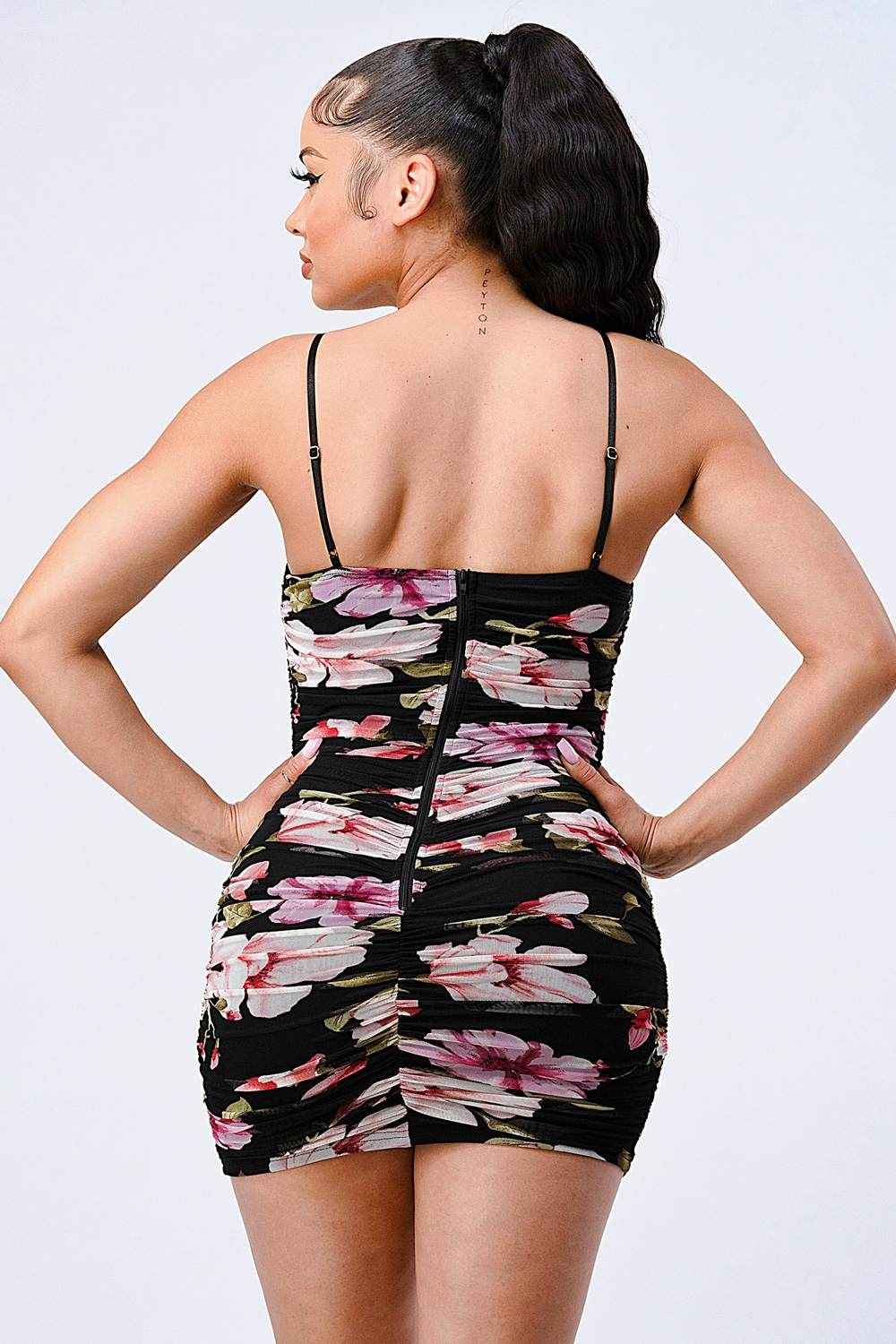 FLORAL MESH RUCHED BODYCON MINI DRESS