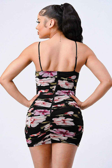 FLORAL MESH RUCHED BODYCON MINI DRESS