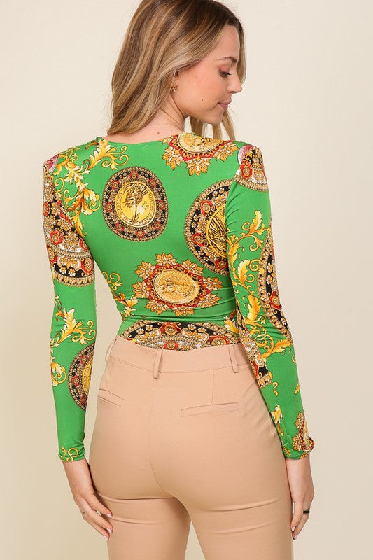 Venezia Padded-Shoulder Long-Sleeve Bodysuit – Green & Navy