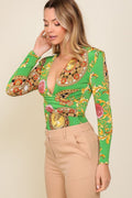 Venezia Padded-Shoulder Long-Sleeve Bodysuit – Green & Navy