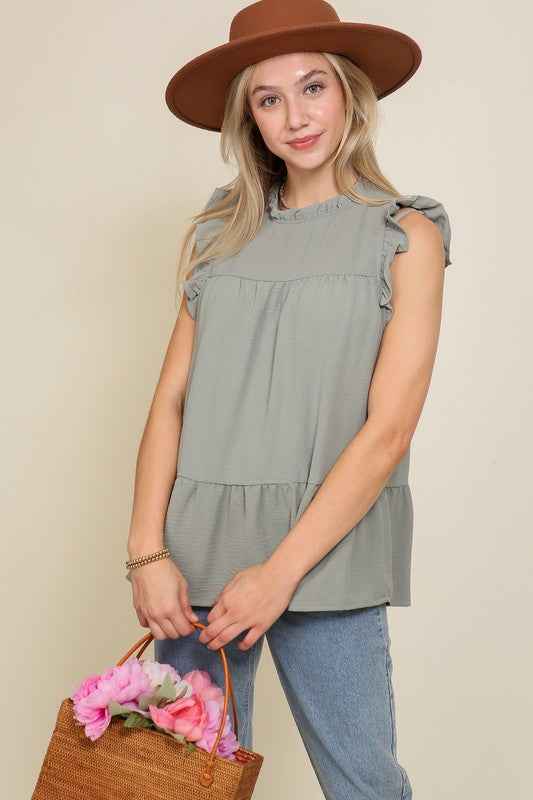 BABYDOLL TOP WITH RUFFLE SLEEVES AND NECKLINE
