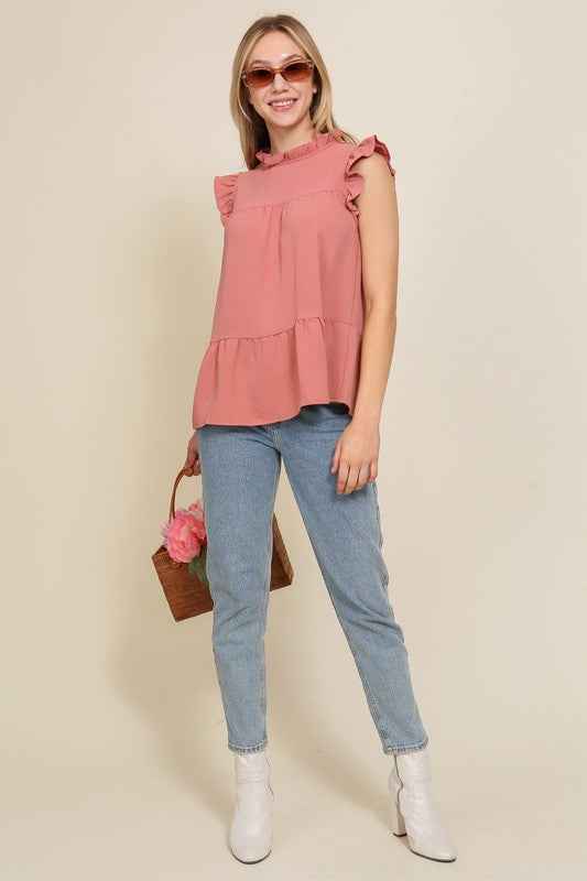 BABYDOLL TOP WITH RUFFLE SLEEVES AND NECKLINE
