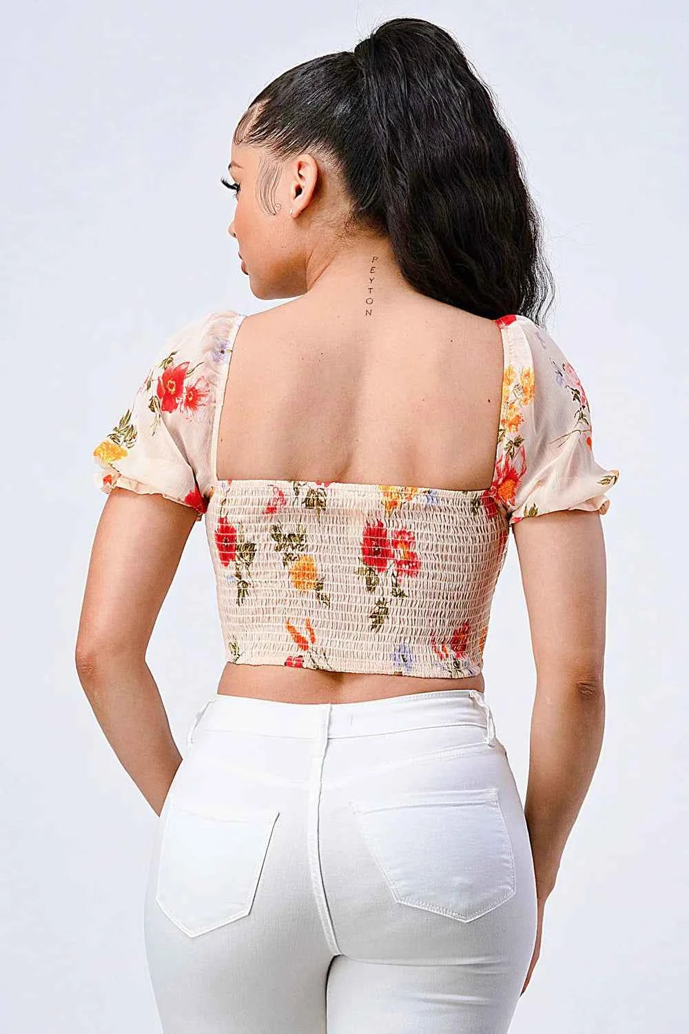 FLORAL CHIFFON SMOCKED SWEETHEART TOP