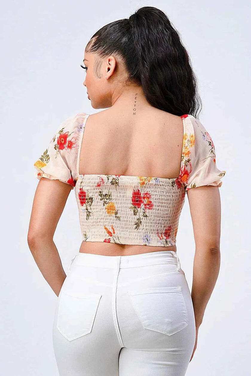 FLORAL CHIFFON SMOCKED SWEETHEART TOP