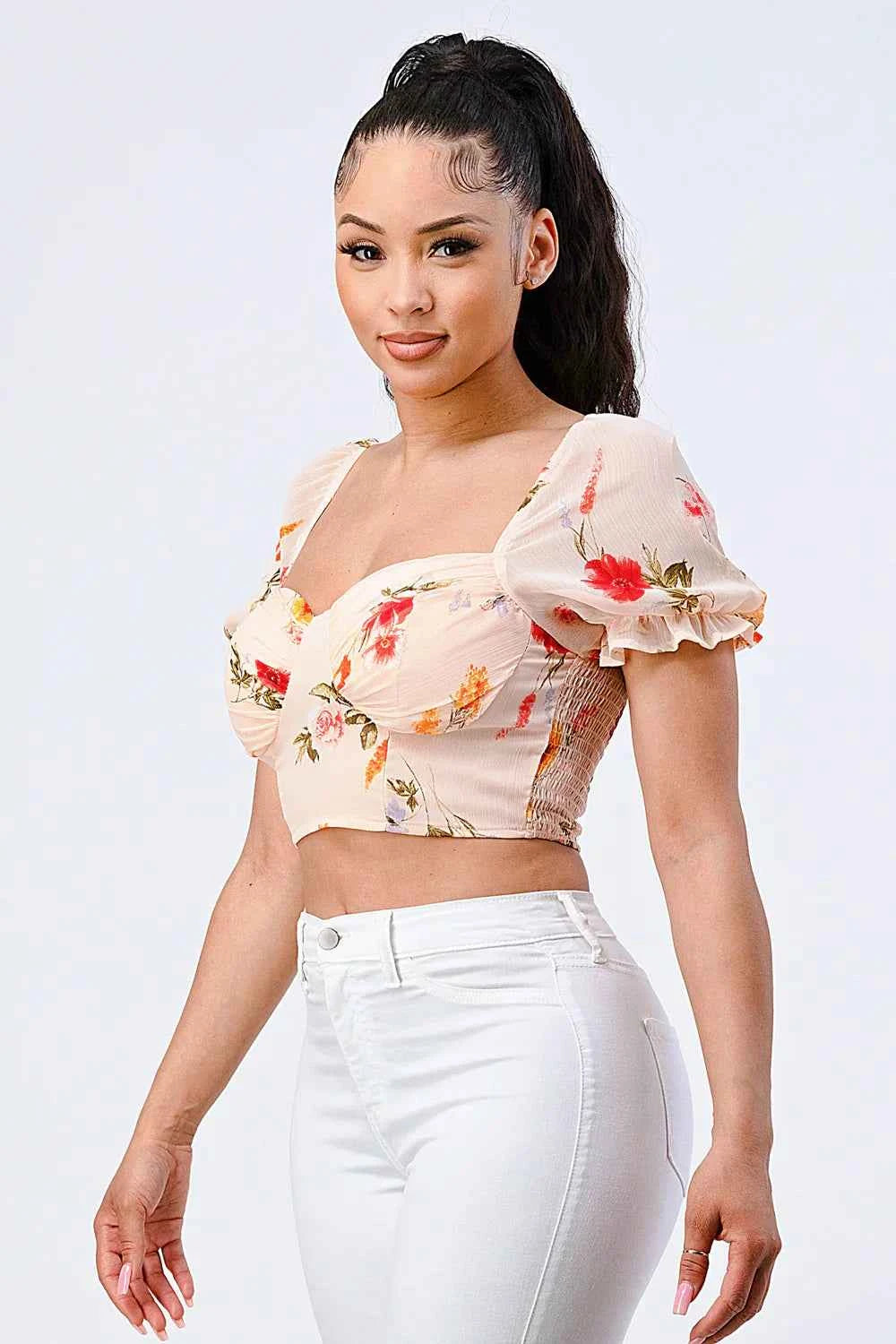 FLORAL CHIFFON SMOCKED SWEETHEART TOP